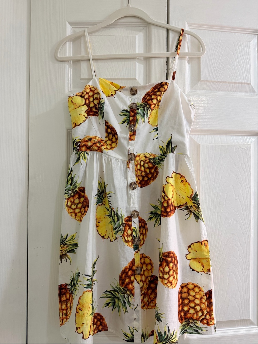 Juniors Pineapple Print White Sundress with Buttons